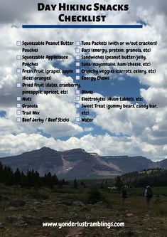 the hiking checklist for day hikes is shown in front of mountains and clouds