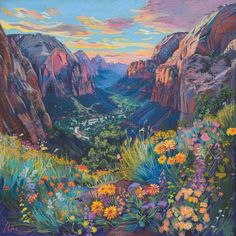 an oil painting of mountains and flowers in the foreground, with a valley below