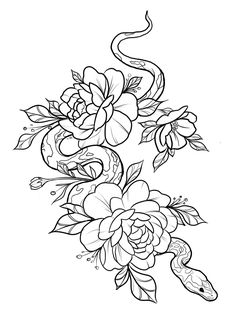 a flower tattoo design with roses and snakes on the side, in black and white