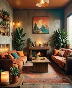 a living room filled with lots of furniture and plants on the wall next to a fire place