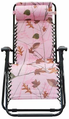 pink camo lawn chair with black frame and footrests on the back side