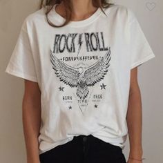 Nwt Rock N Roll T Shirt Summer Rock Style T-shirt For Streetwear, Rock Style Graphic Print T-shirt For Summer, White Rock And Roll T-shirt For Streetwear, Rock And Roll White T-shirt For Streetwear, White Cotton Rock And Roll T-shirt, Rock And Roll Style T-shirt For Summer Streetwear, White Cotton T-shirt Rock And Roll Style, Trendy White T-shirt For Concert, Casual White T-shirt For Concerts