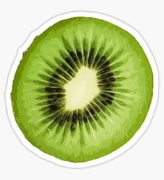 a green kiwi cut in half with black spots on the center and side sticker