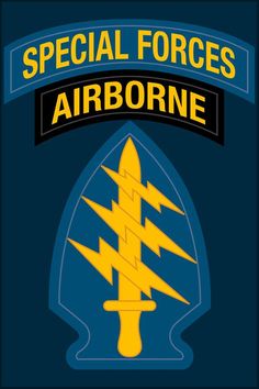 the special forces airborne emblem is shown in blue and yellow with an arrow on it