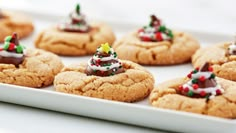 cookies decorated with icing and christmas trees on a white plate, ready to be eaten