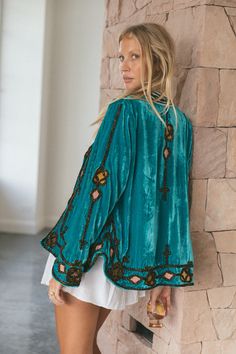 Statement Jackets, Velvet Embroidery, Chasing Unicorns, What To Wear Today, Designs For Dresses, Velvet Jacket, Boho Designs, Blue Outfit, Summer Style Casual