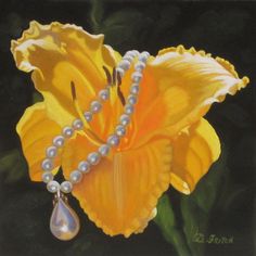 a painting of a yellow flower with pearls and a necklace on it's neck