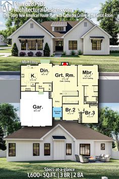 two story house plan with 3 car garage and living room in the front, an open floor