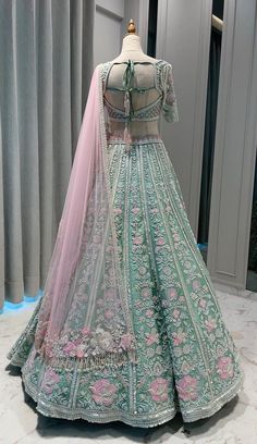 English Color Lehenga, Pink And Green Lengha, Pestal Colour Lehanga, Bridal Lehenga Green, Veil Dupatta, Sage Green Lehenga, Traditional Lehenga Designs, Trendy Lehenga Designs, Embroidered Veil