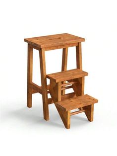 a wooden step stool sitting on top of a white floor next to a small table