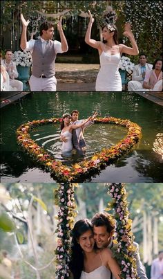 two pictures of people in the water with flowers on their heads and one has her arm around another woman's neck