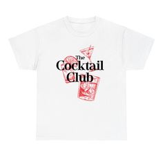 Join the party with The Cocktail Club Graphic T-shirt! This funny and stylish tee is perfect for happy hour or any party. Its unisex design makes it a versatile addition to any wardrobe. Get yours now and make a statement! White Cotton Party T-shirt, Funny Short Sleeve T-shirt For Party, Summer Party T-shirt With Slogan, Graphic Tee Tops With Text Print For Party, Casual Party T-shirt With Text Print, Casual Text Print T-shirt For Party, Party T-shirt With Text Print And Short Sleeves, Party T-shirt With Text Print, Cotton Short Sleeve T-shirt For Party