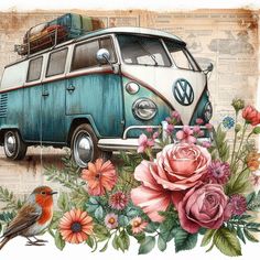 a blue van with flowers and birds on it