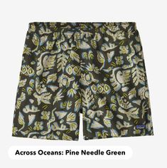 Patagonia ASPN Across Oceans Pine Needle Green Baggies 5" Shorts are made to be worn in and out of the water and are made of quick drying NetPlus 100% postconsumer recycled nylon made from recycled fishing nets to help reduce ocean pollution. Inseam is 5" and fair trade certified sewn.CAREMachine wash BRAND FACTSPatagonia grew out of a small company that made tools for climbers. Alpinism remains at the heart of a business that still makes clothes for climbing – as well as for skiing, snowboardin Ocean Plastic Pollution, Patagonia Baggies, Ocean Pollution, Fishing Nets, Plastic Pollution, Pine Needles, Designer Shorts, Swimwear Sale, Magazine Photography