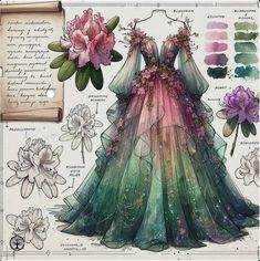 Nature Gowns Beautiful Dresses, Jade Green Wedding Dress, Dream Dress Aesthetic, Enchanted Forest Dress Ideas, Nature Inspired Outfits Drawing, Air Inspired Outfits, Dnd Dress Design, Nature Dress Drawing, Fantasy Dress Ideas