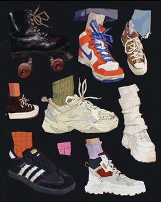 many pairs of shoes and socks are arranged in the shape of a collage on a black background