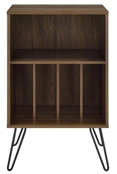 an open bookcase with three compartments and two legs on each side, in dark wood