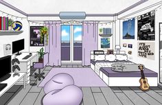 this is a drawing of a bedroom with purple walls and wood flooring, along with a guitar on the bed