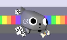 a cat with big eyes and paw stickers on it's face next to a rainbow striped wall