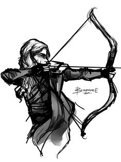 a black and white drawing of a person holding a bow with an arrow in it