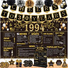 a black and gold 50th birthday party poster with the words cheers to 50 years 1994