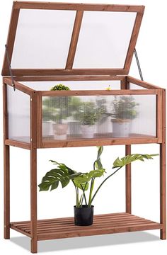 a wooden shelf with plants inside of it