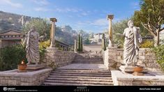 an artist's rendering of some ancient statues in front of a stone wall and steps