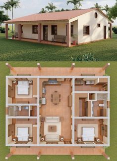 an overhead view of a house with three rooms and two bathrooms in the same area