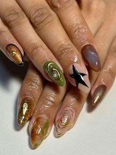 Ahs Nails Ideas, Nail Designs Funky, Fall Nails Design, Fall Nail Art Ideas, Dark Nail Designs, Hippie Nails, Colorful Nail, Fall Nail Art, Nail Art Ideas