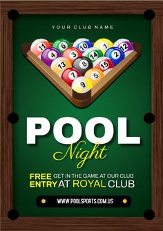 pool night flyer template with billiards and balls on the table in wooden frame