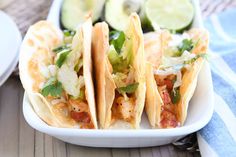 three tacos on a plate with avocado and cilantro in the background