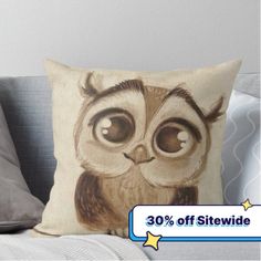 a pillow with an owl drawn on it and the words 30 % off sitting next to it