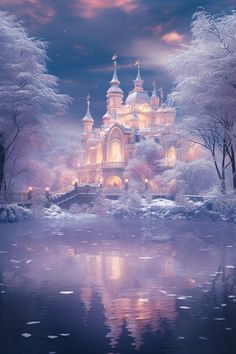 a castle is lit up at night by the water's edge with snow on it