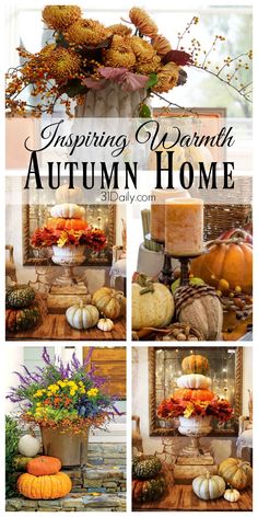 an autumn home with pumpkins, flowers and other decorations in the living room or dining room