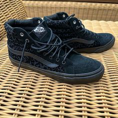 Vans - Sk8-Hi - Cheetah Black / Black Velvet Cheetah Print Rare Excellent Condition, Worn Maybe 2 Times Women Size 8.5 / Men Size 7 Cheetah Print Vans, Vans Sk8 Hi Black, Black Cheetah Print, Vans Sk8 Hi, Vans Black, Sk8 Hi, Vans Sk8, Womens Vans, Vans Shoes