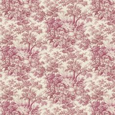 a pink and white floral wallpaper with trees on the side, in an old fashion style