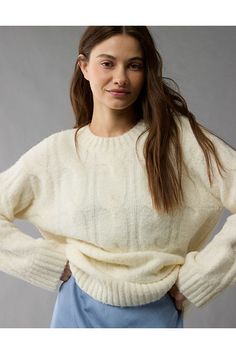 Cozy cable knit with a cashmere feel/Crew neck/Ribbed collar, cuffs & hem/This sweater is Real Good: made with the planet in mind and a promise to continue to do better White Jeans Men, Athletic Fit Jeans, American Eagle Sweater, Cable Sweater, Curvy Jeans, Costume Shop, Shoes With Jeans, Women Denim Jeans, Mens Outfitters