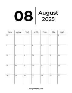 a calendar with the month of august in black and white, on a white background