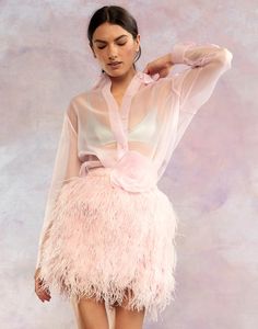 Feather Skirt – Cynthia Rowley Pink Feather Skirt, White Feather Skirt, Pink Ostrich Feathers, Feather Mini Skirt, Light Pink Skirt, Organza Shirt, Feather Skirt, Flower Tie, Organza Top