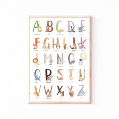 a wooden framed alphabet with animals and letters on the front, in various colors to choose from