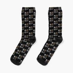 black socks with white and gold lettering that says, i love my mom on it