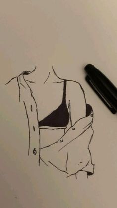 a drawing of a woman's torso in black and white with a pen next to it