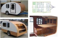 three different views of the interior and exterior of a camper with wood trimmings