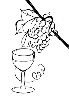 a drawing of a wine glass with grapes on the vine and an arrow sticking out of it