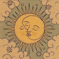 a drawing of the sun with two faces in front of it and clouds around it