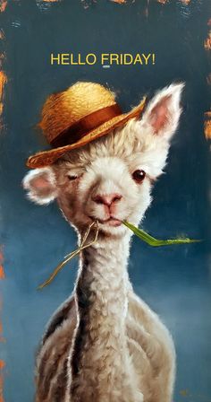 an animal with a straw hat on it's head and the words hello friday