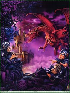 a painting of two men and a dragon in front of a castle with purple clouds