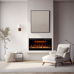 a living room with a white chair and a fire place in the fireplace that is lit