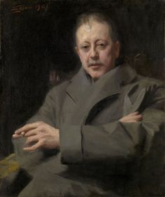 an oil painting of a man in a gray suit with his arms crossed and hands folded