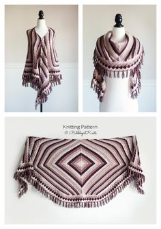 three pictures of a shawl with tassels on it